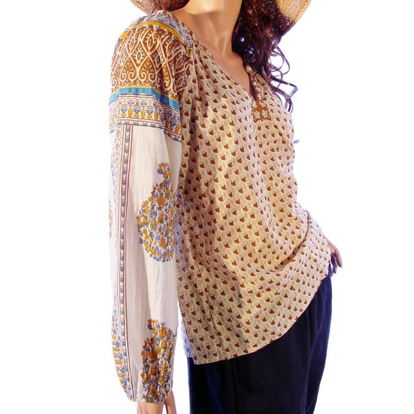 LUCKY BRAND 70's Inspired Cotton Print Peasant Blouse Top Women's S - Picture 2 of 8